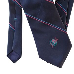 Warden Brooks Ltd New York Mens Navy Blue Striped Silk Tie Embroidered Crest